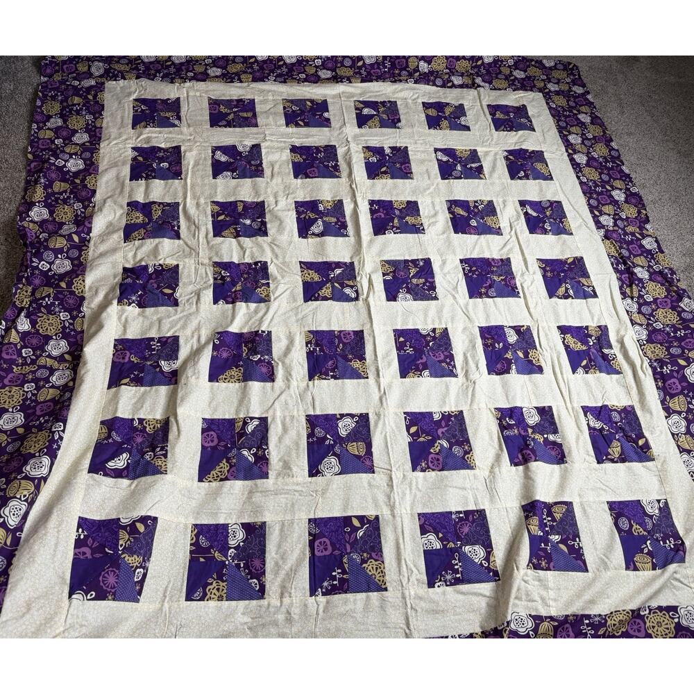 Quilt Top Topper Purple Yellow Patchwork Floral Square Blanket 80 X 71.5in